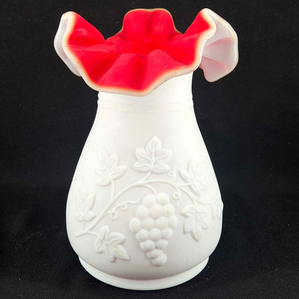 Kanawha Cased satin White Milk glass ruby red Ruffled Edge Vase